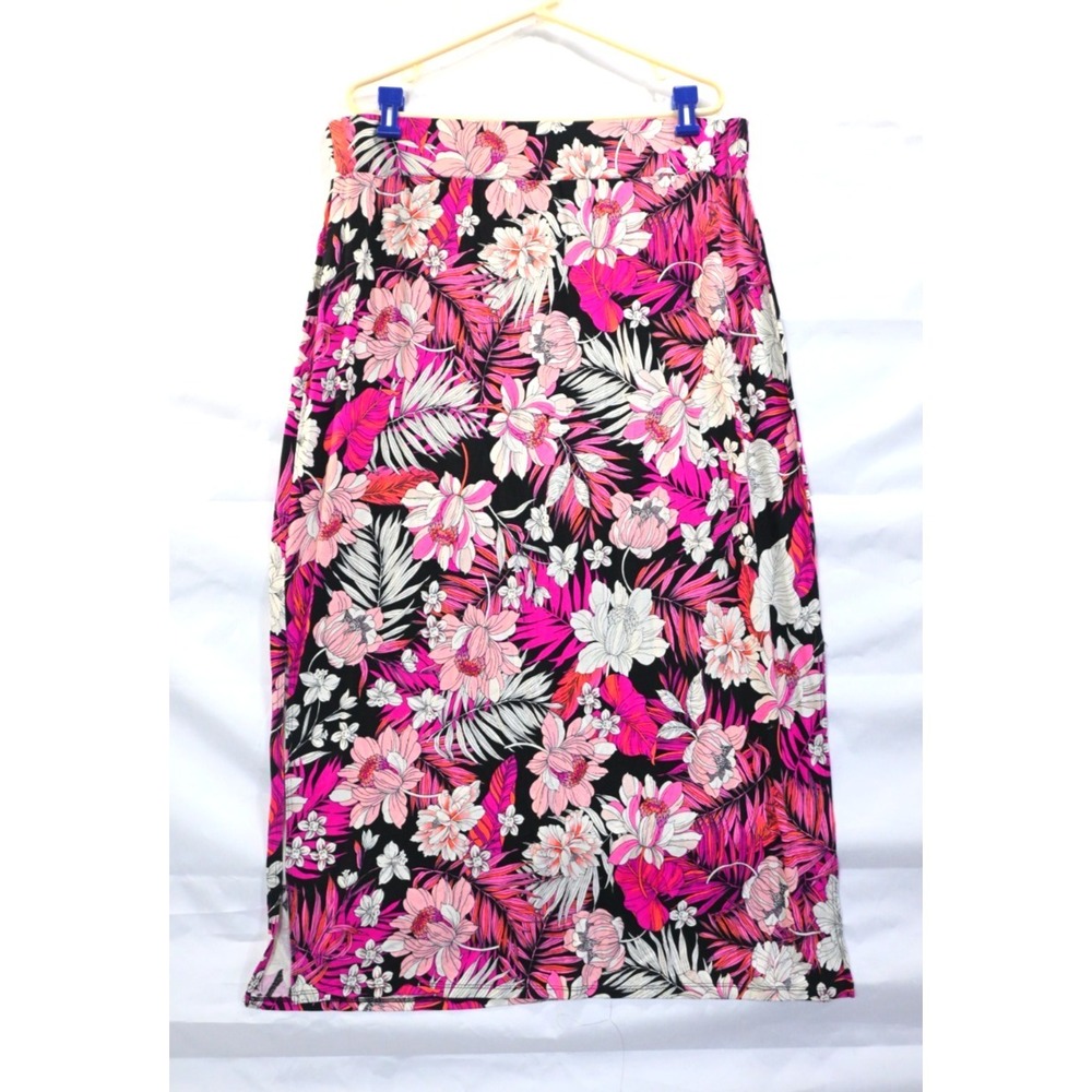 Floral Skirt XL Pink Black Tropical Print Stretch Rayon Knee Length Slit Summer